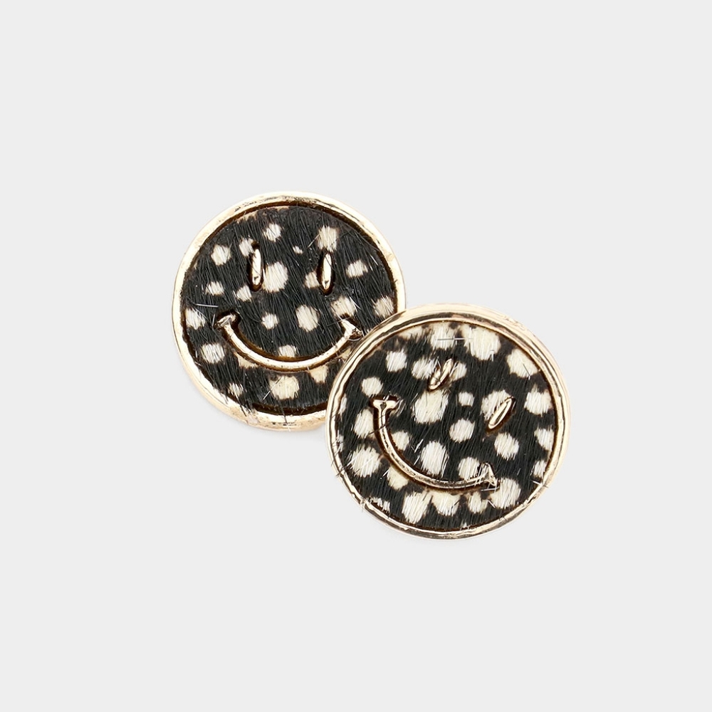 Black Gold Smiley Face 0.75" Stud Earrings Cheetah Round Happy Cute Fashion